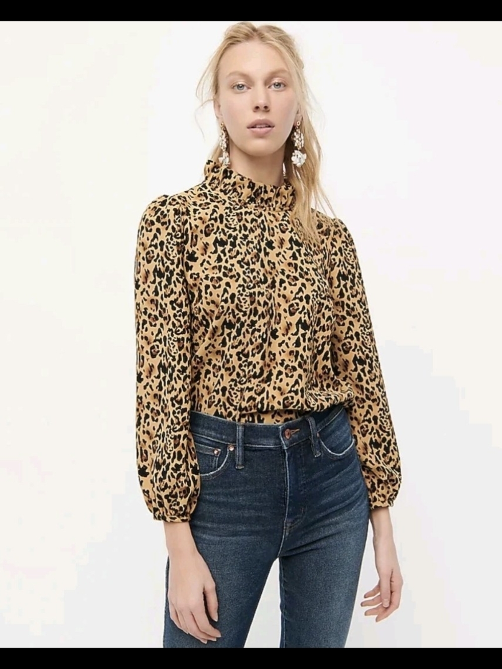 J. Crew Leopard Print Ruffle Neck Women's Artsy Contemporary Boxy Top sz M